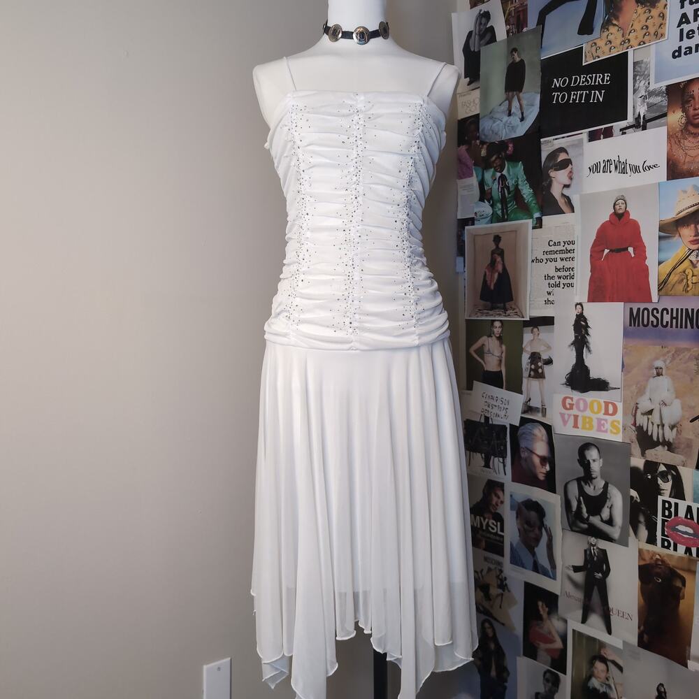 White Ruched Rhinestone Strapless Dress Y2k Fairy
